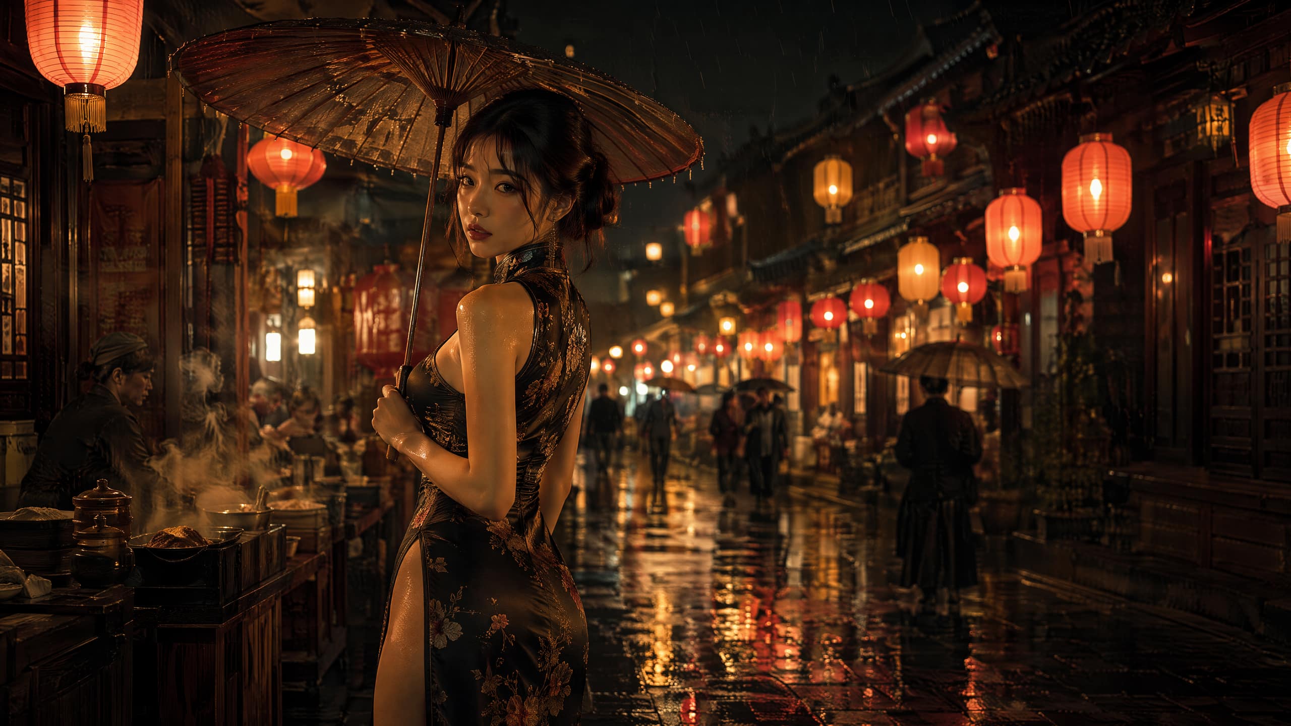 雨夜灯笼街,提伞的旗袍女子回眸